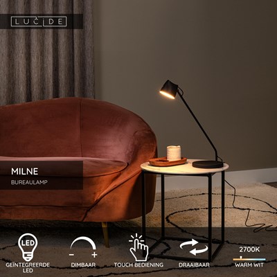 Lucide MILNE - Bureaulamp - LED Dimb. - 1x8W 2700K - Zwart